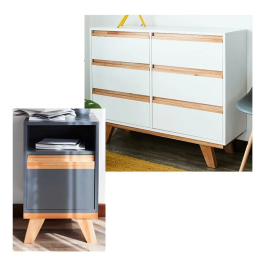 Cómoda Kali 6 Cajones + 2 Mesas De Luz Con Patas