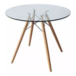 Mesa De Vidrio Redonda 120 Cm Eames Base Madera