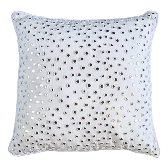 Almohadón Mirror 45 Cm Cuadrado Blanco Con Espejos Y Borlas