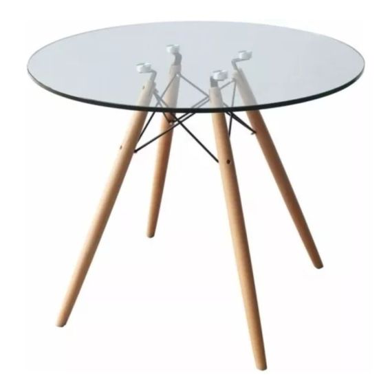 Mesa De Vidrio Redonda 120 Cm Eames Base Madera