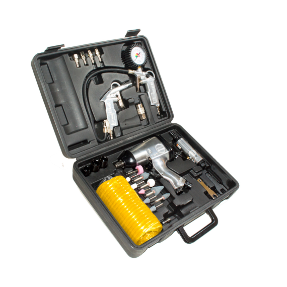 Kit Neumático 27 Pzs Llave Pulido Pistola Manguera Maletín