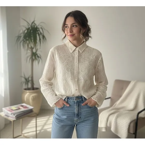 Camisa Blusa Estilo Broderie Premium Delicada De Mujer