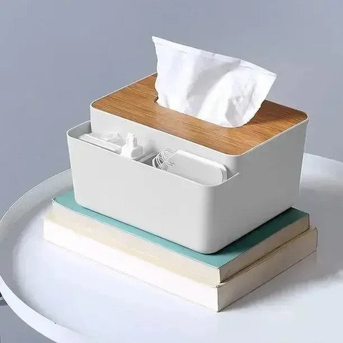 Caja Porta Pañuelos Con Organizador Tapa Madera Multifunción
