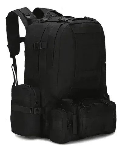 Mochila Táctica Militar 60 Litros Con 3 Pouch Sistema Molle Negro Liso