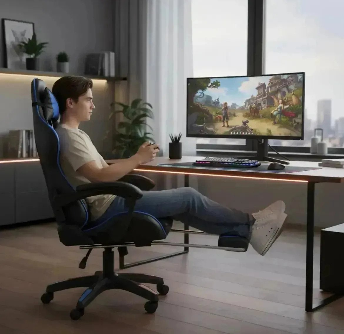 Silla Gamer Ergonomica Pc Gaming Escritorio Colores Azul Cuero Sintético - Image 3