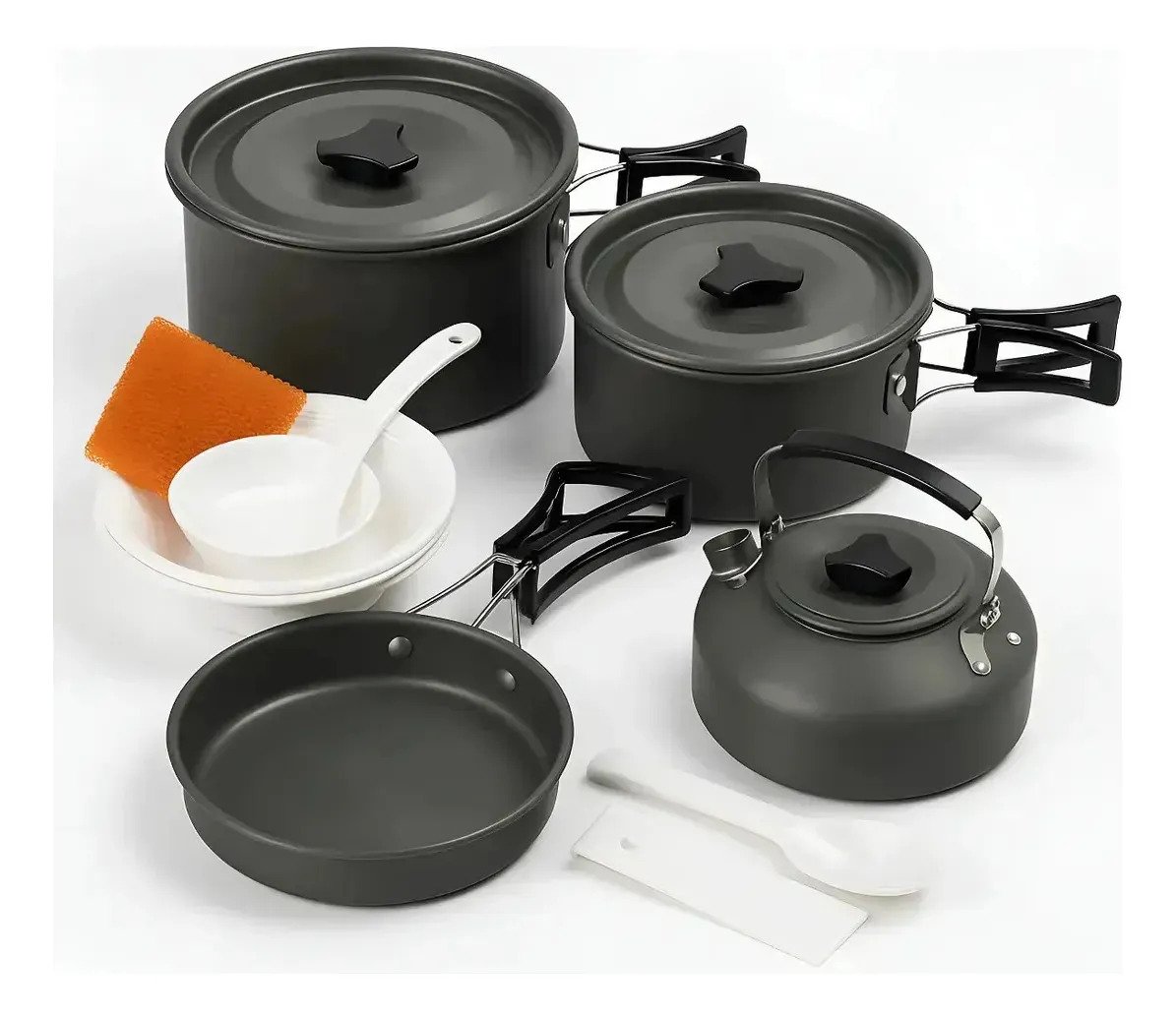 Juego De Ollas Para Camping Plegable 3 En 1 + Tetera Platos