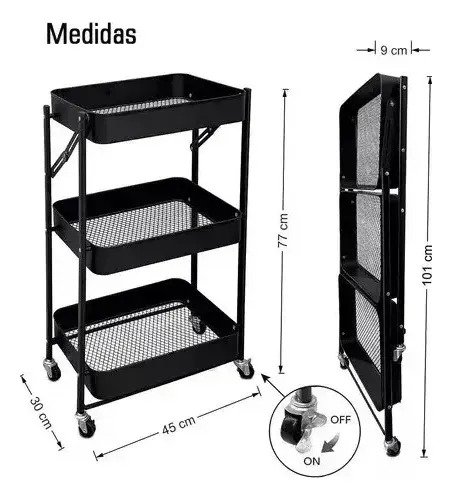 Carrito Organizador Plegable 3 Niveles Negro Con Ruedas 360 - Image 4