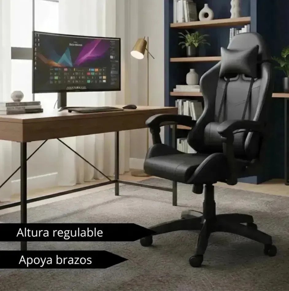 Silla Gamer Ergonómica Oficina Escritorio Pc Reforzado Negro Cuero Sintético - Image 2