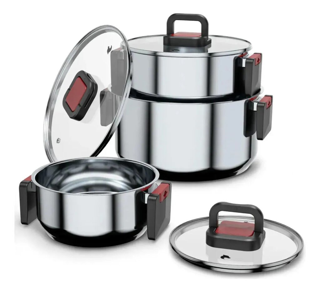 Ollas Batería Cocina Apilable 6 Piezas Acero Inox Inducción Plateado