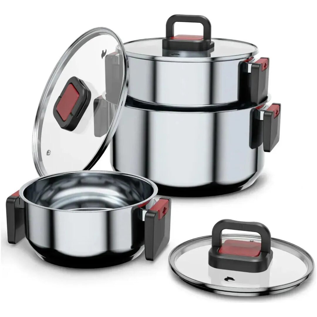 Ollas Batería Cocina Apilable 6 Piezas Acero Inox Inducción Plateado
