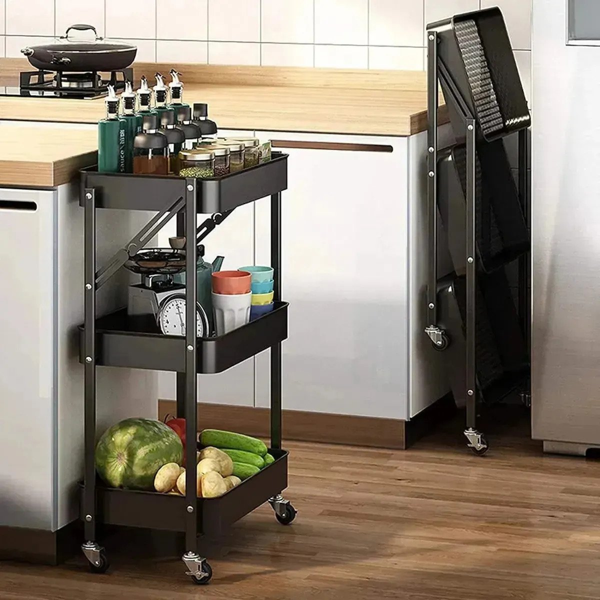 Carrito Organizador Plegable 3 Niveles Negro Con Ruedas 360 - Image 5
