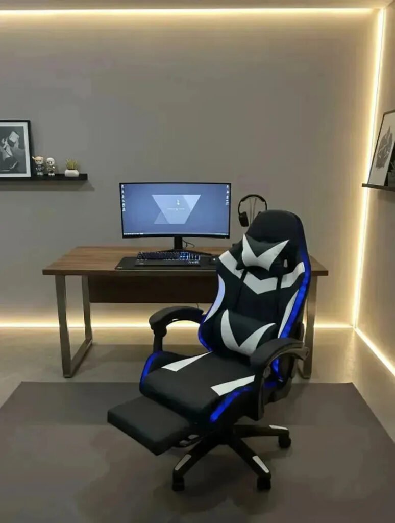 Silla Gamer Escritorio Con Luces Led Multicolor Pc Blanco Cuero Sintético