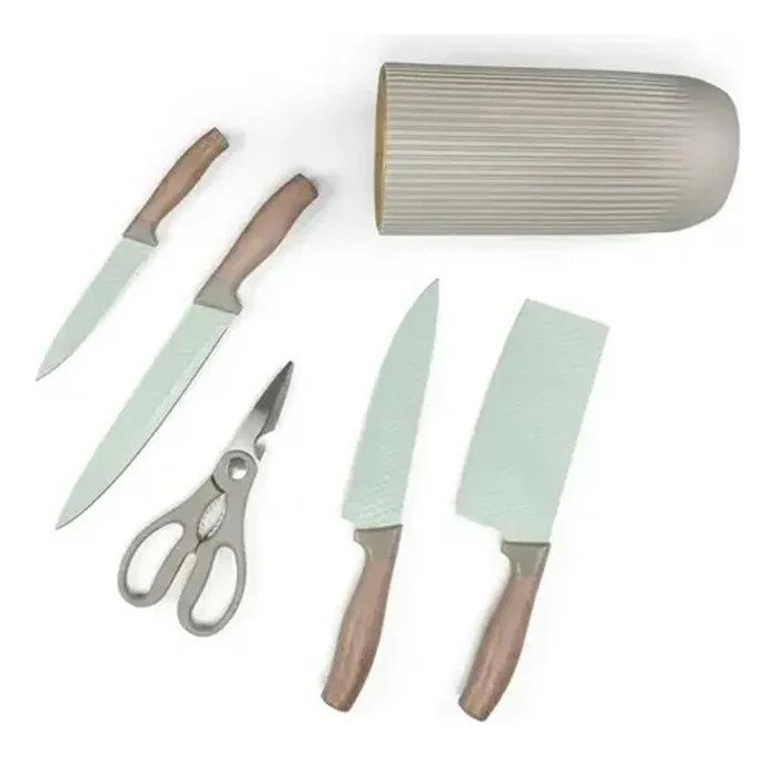 Set Cuchillos Cocina Acero Inoxidable Mango Madera X6 Beige - Image 6