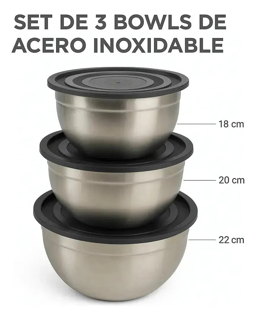 Set X 3 Bowl Ensaladera De Acero Inoxidable Cocina Con Tapa