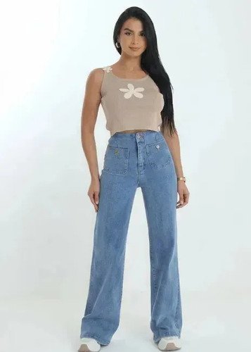 Jean Mujer Denim Elastizado Wide Leg Bolsillos Premium