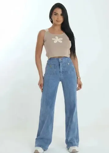 Jean Mujer Denim Elastizado Wide Leg Bolsillos Premium