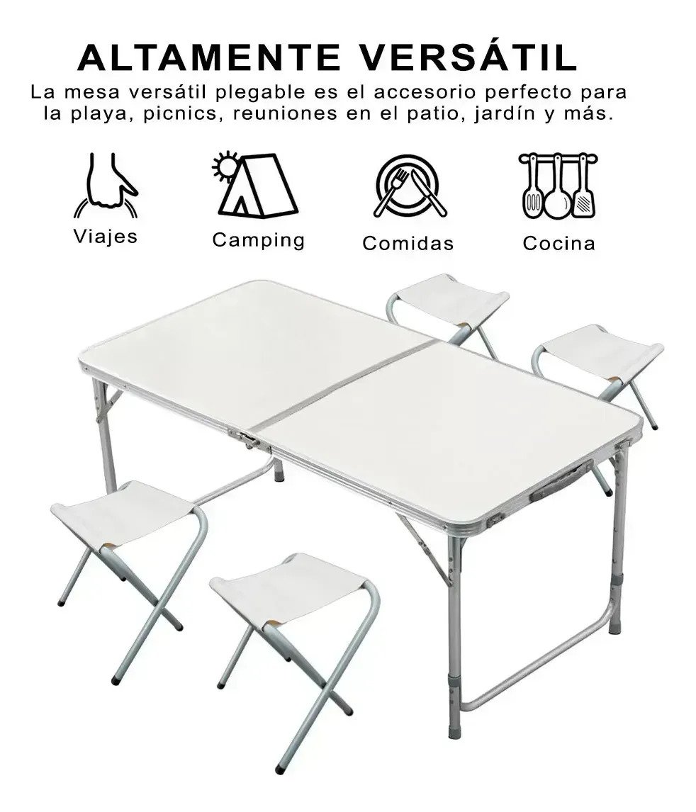 Mesa De Aluminio Plegable De 120 Cm Con 4 Sillas Para Playa - Image 4