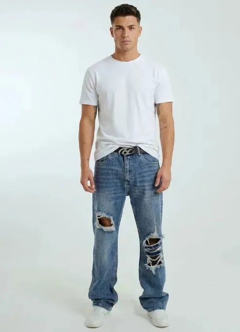Jean Pantalon Hombre Denim Plano Roto Con Cinturon Premium