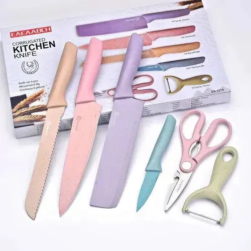 Juego X6 Cuchillos Cocina Color Pastel Pela Papas Tijera - Image 2