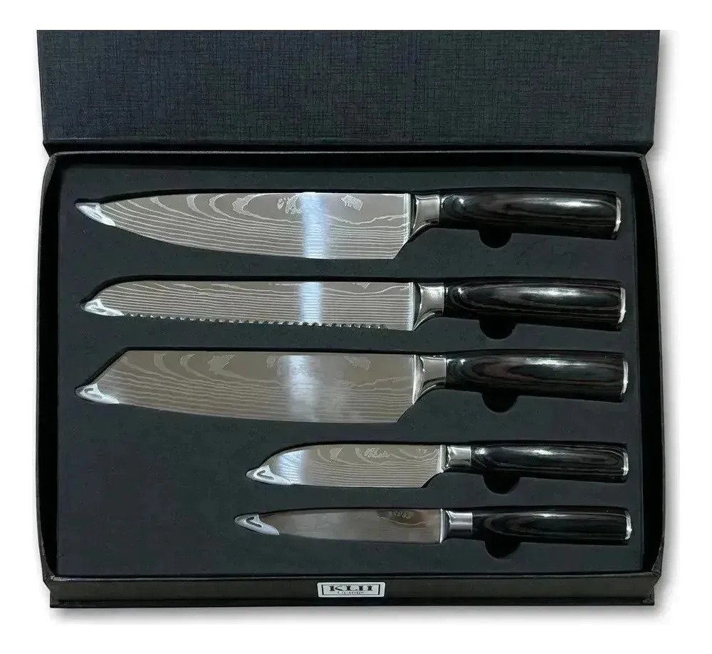 Set De 5 Cuchillos De Cocina Estilo Madera Acero Damasco - Image 2