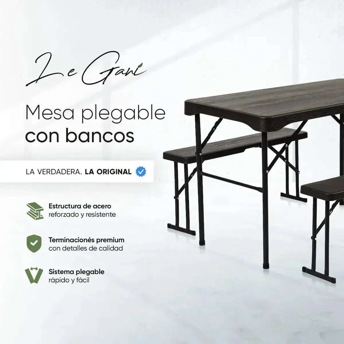 Mesa De Camping Plástica Plegable Con 2 Bancos Tipo Valija - Image 2