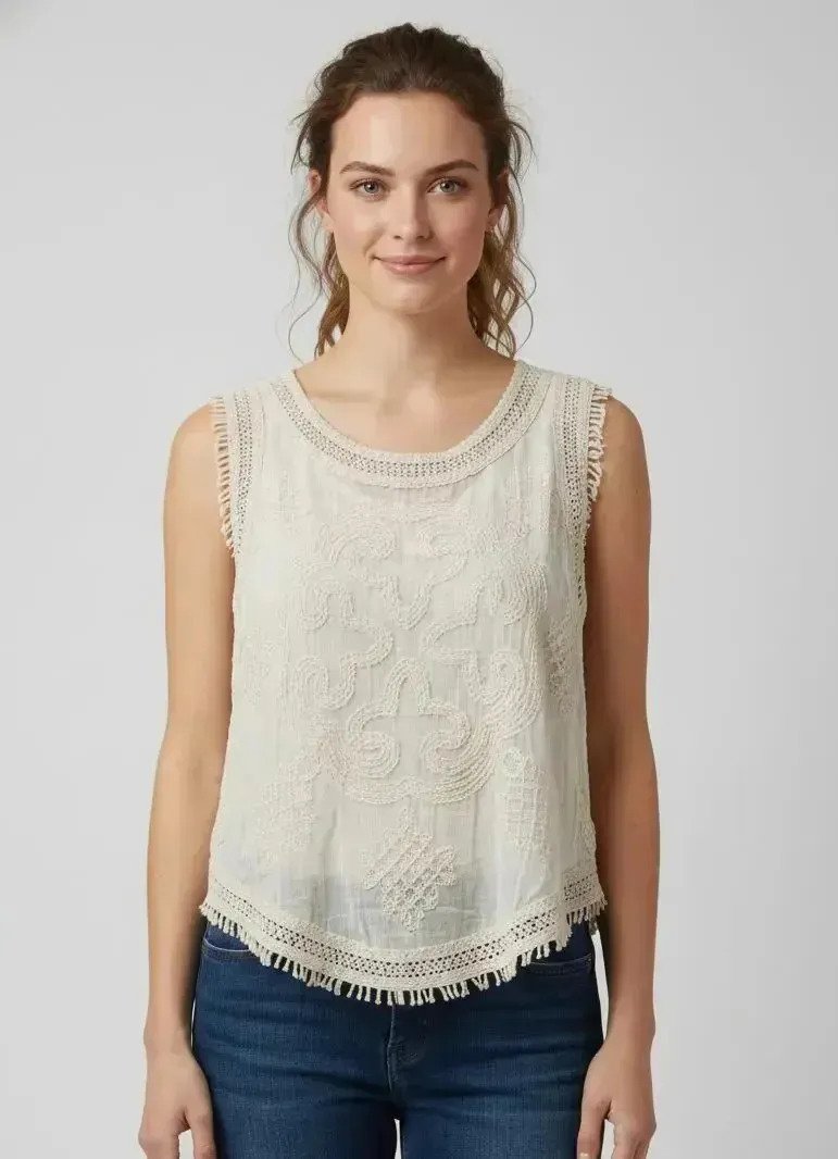 Remera Musculosa Con Bordado Volado Delicada Mujer