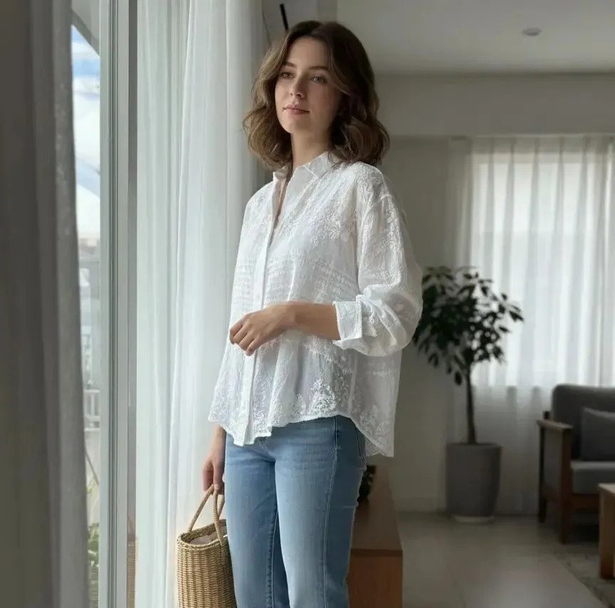 Camisa Blusa Premium Bordada Con Apliques Delicada Mujer