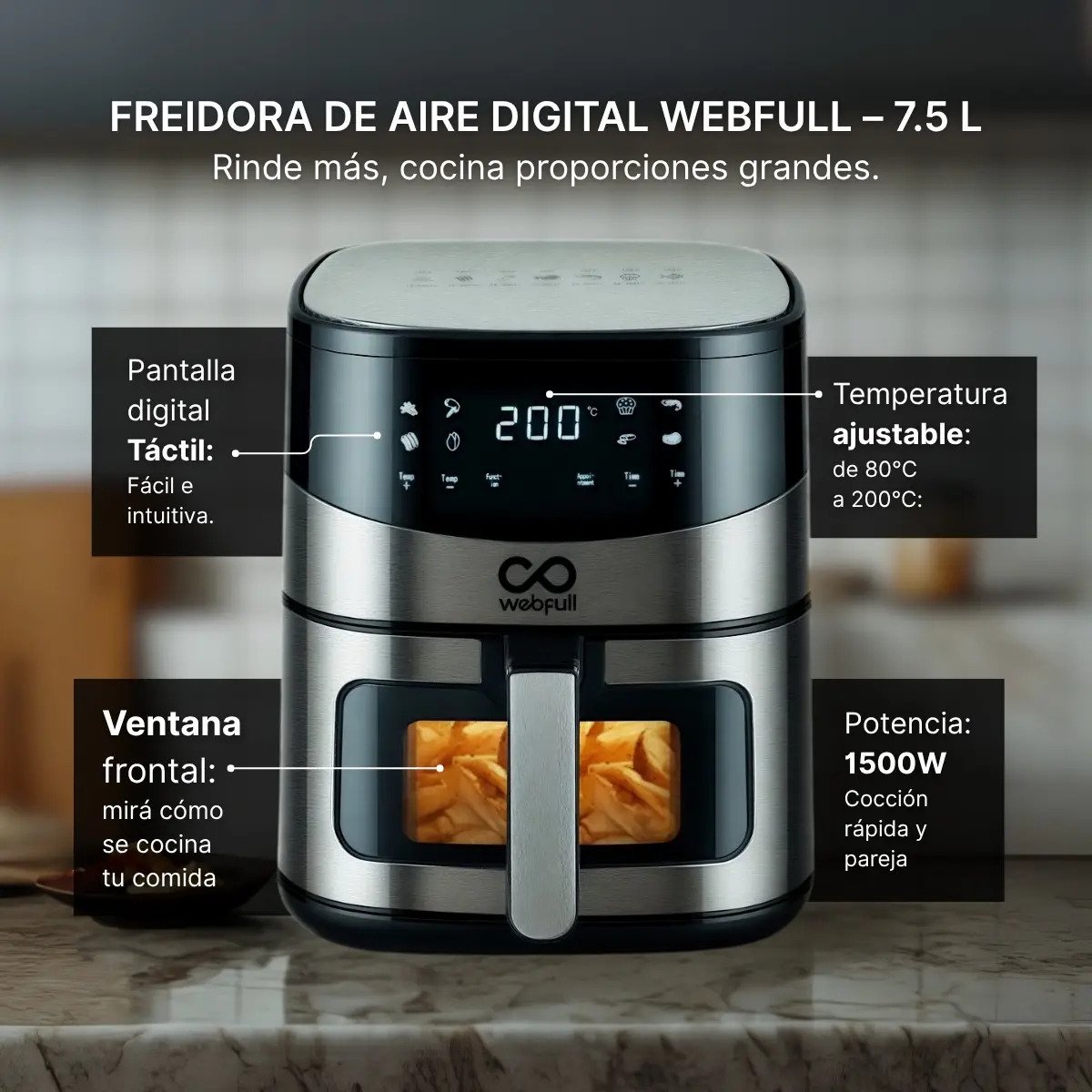 Freidora De Aire Sin Aceite 7,5 Lt Panel Táctil Web Full - Image 3