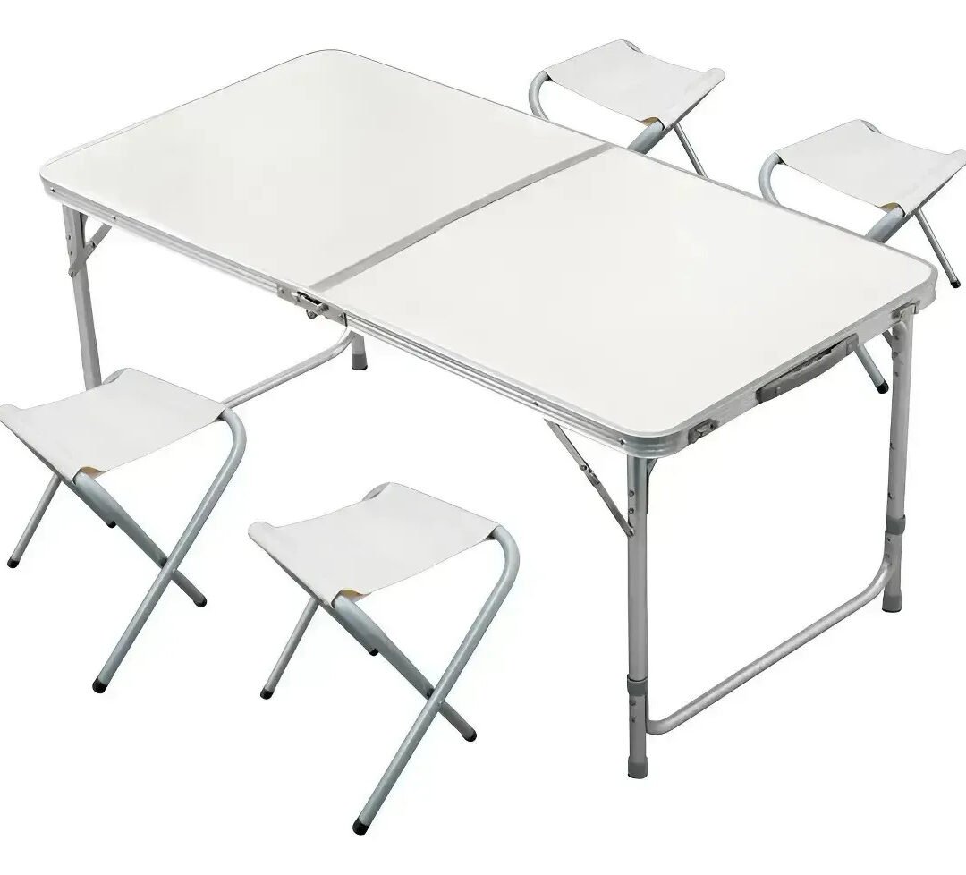 Mesa De Aluminio Plegable De 120 Cm Con 4 Sillas Para Playa