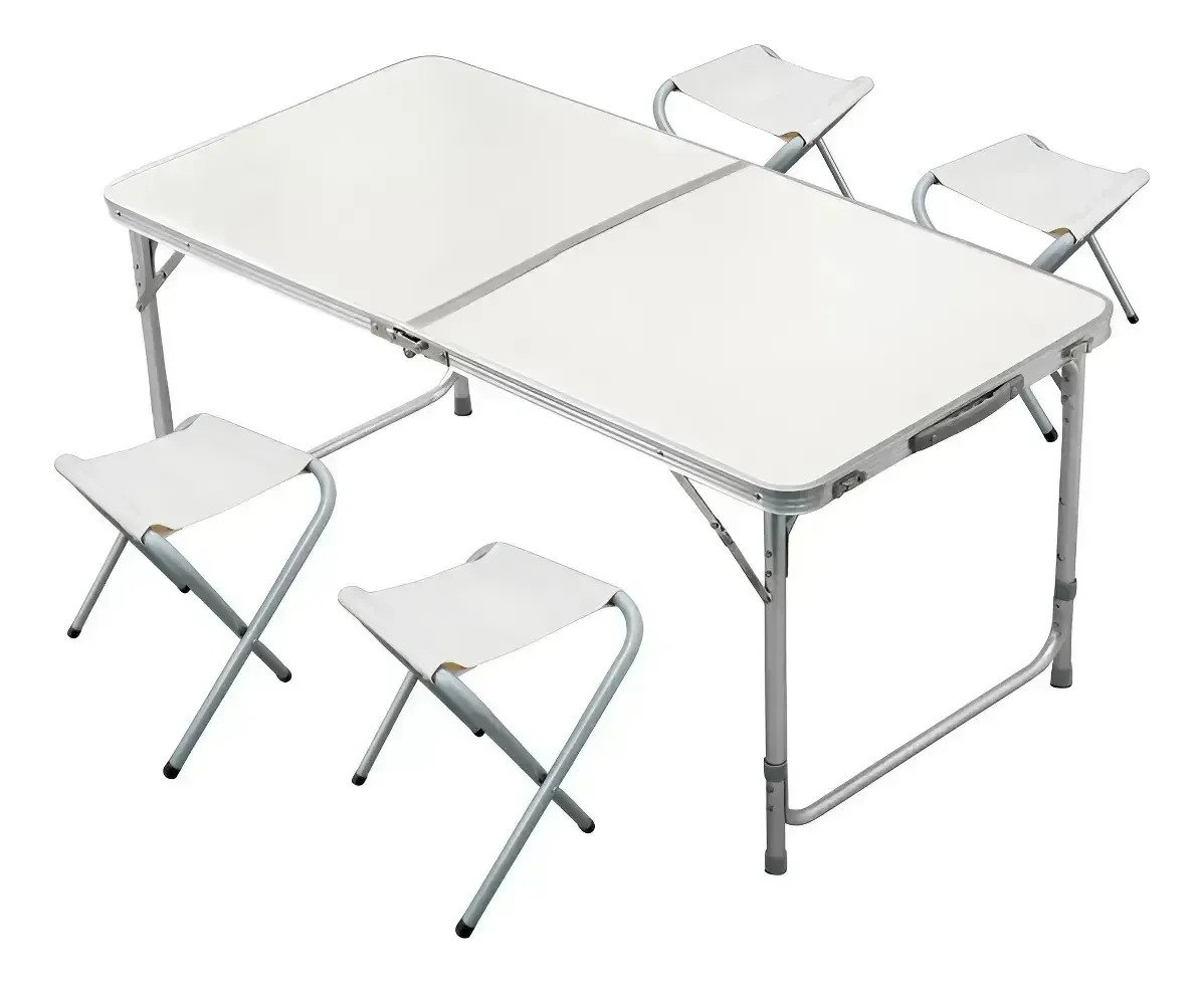 Mesa De Aluminio Plegable De 120 Cm Con 4 Sillas Para Playa
