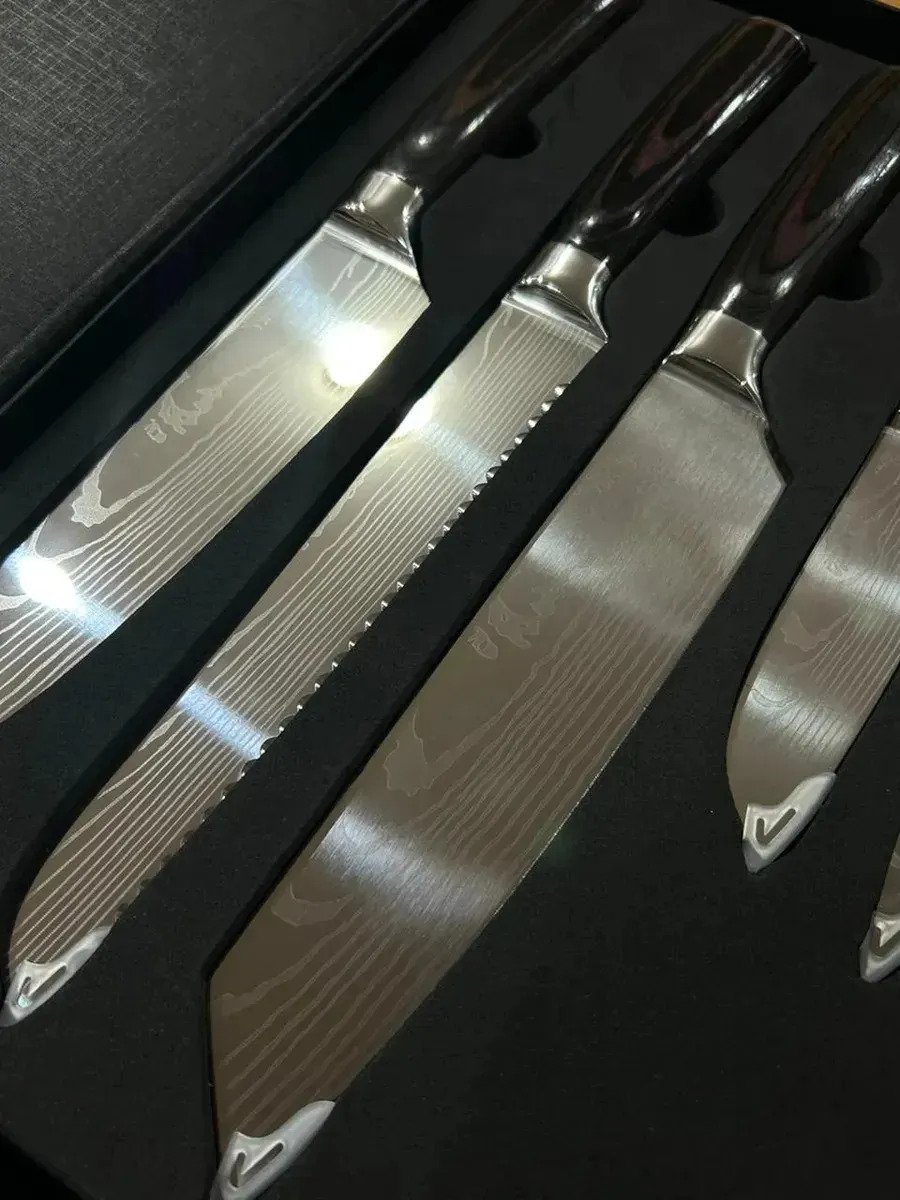 Set De 5 Cuchillos De Cocina Estilo Madera Acero Damasco - Image 4