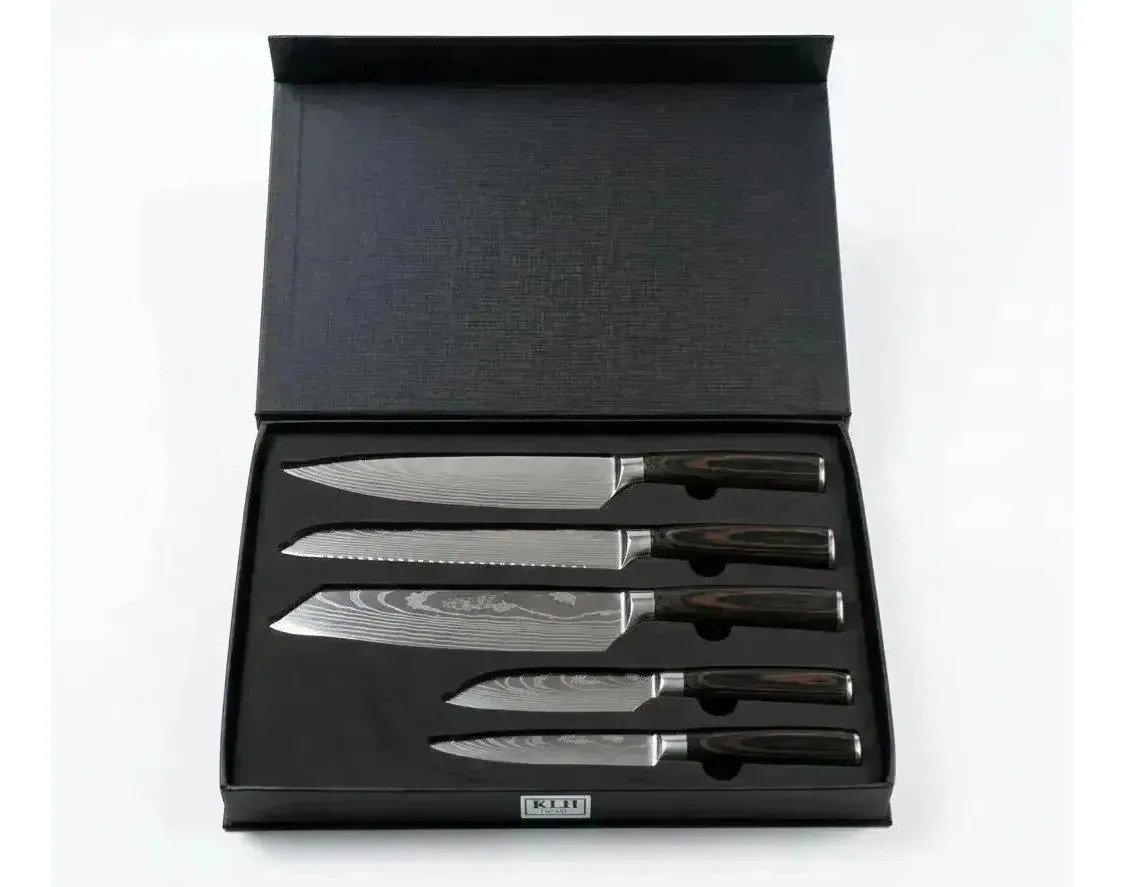 Set De 5 Cuchillos De Cocina Estilo Madera Acero Damasco - Image 5