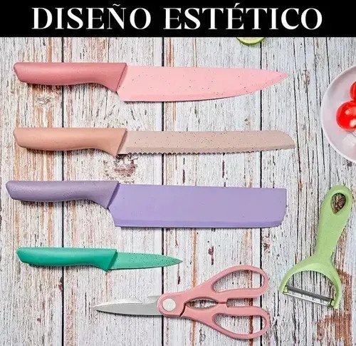 Juego X6 Cuchillos Cocina Color Pastel Pela Papas Tijera - Image 7