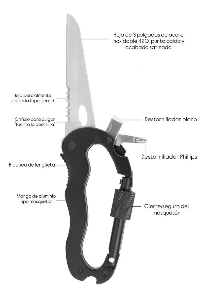 Gancho Mosqueton Tactico Multiuso Cuchillo Destornillador - Imagen 2