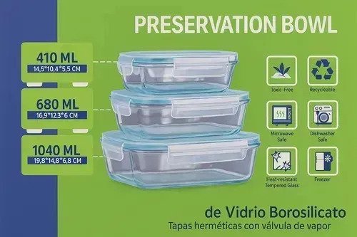 Set De 3 Tuppers De Vidrio Herméticos Aptos Para Microondas - Image 3