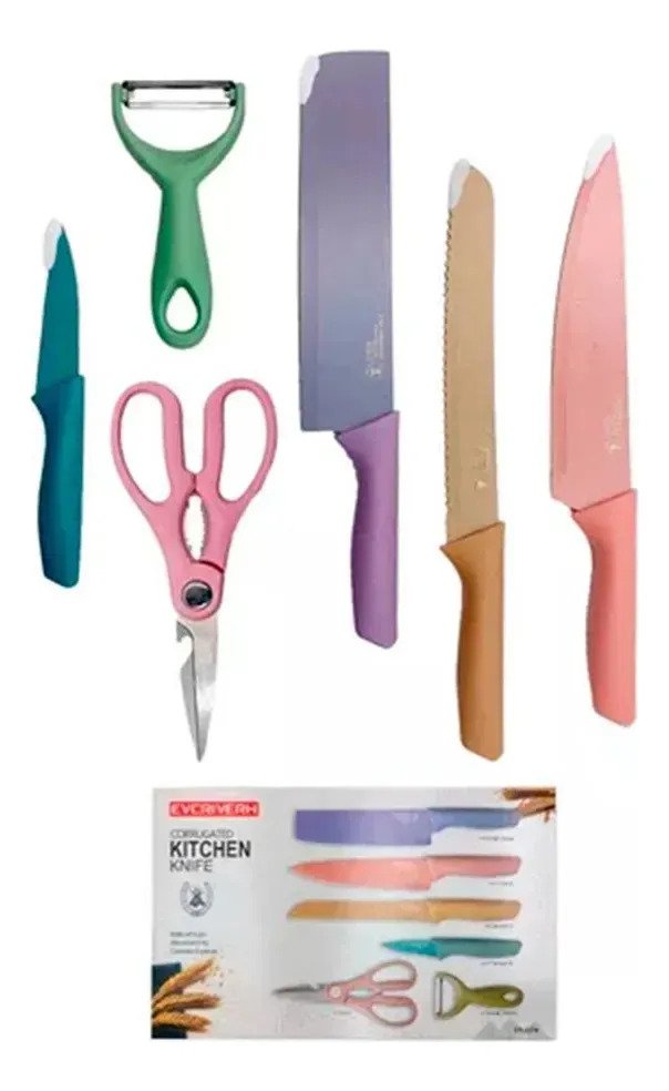 Juego X6 Cuchillos Cocina Color Pastel Pela Papas Tijera - Image 3