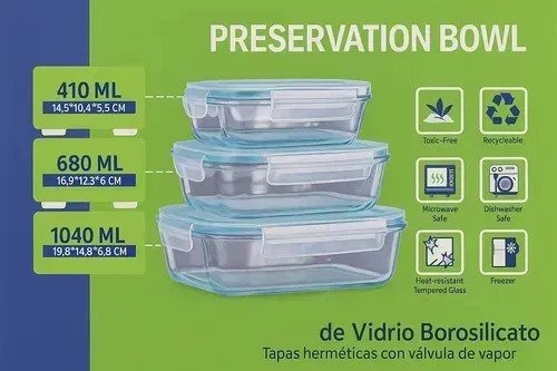Set De 3 Tuppers De Vidrio Herméticos Aptos Para Microondas - Image 3