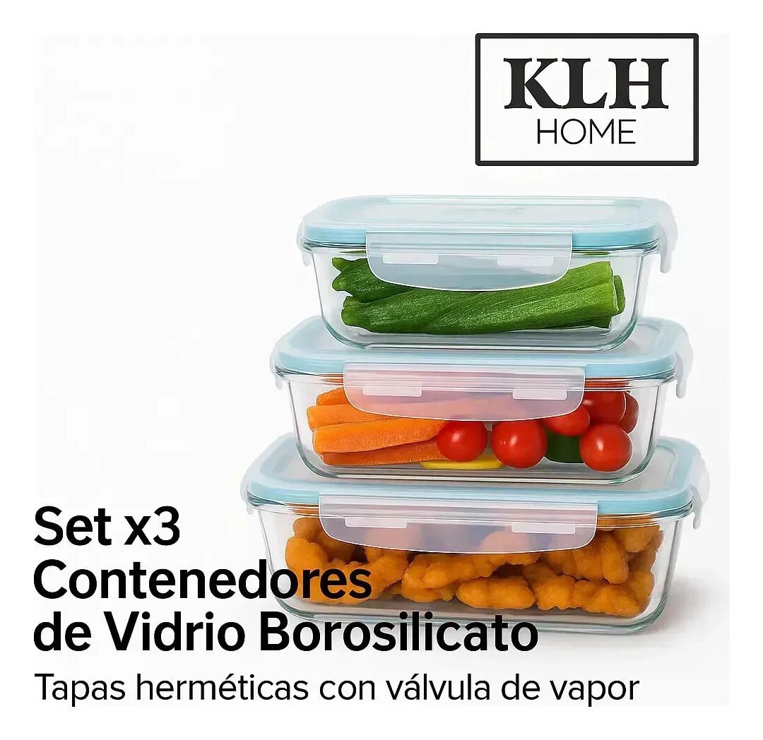 Set De 3 Tuppers De Vidrio Herméticos Aptos Para Microondas