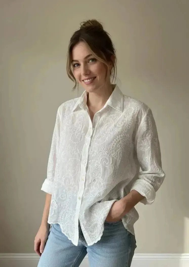 Camisa Blusa Estilo Broderie De Mujer Delicada
