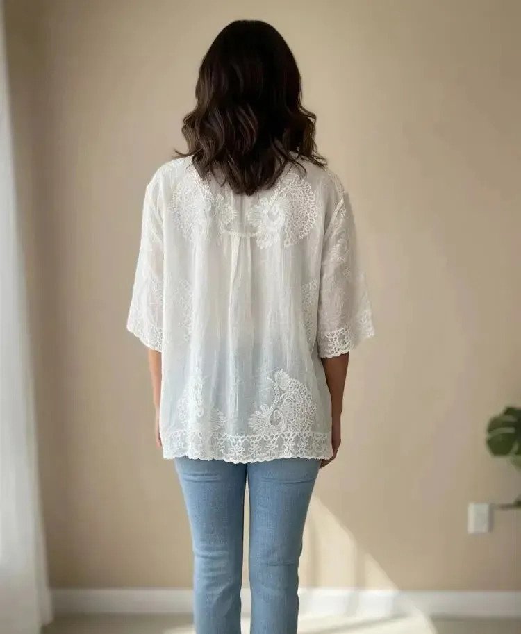 Camisa Blusa Bordada Estilo Broderie Manga 3/4 Mujer - Image 4