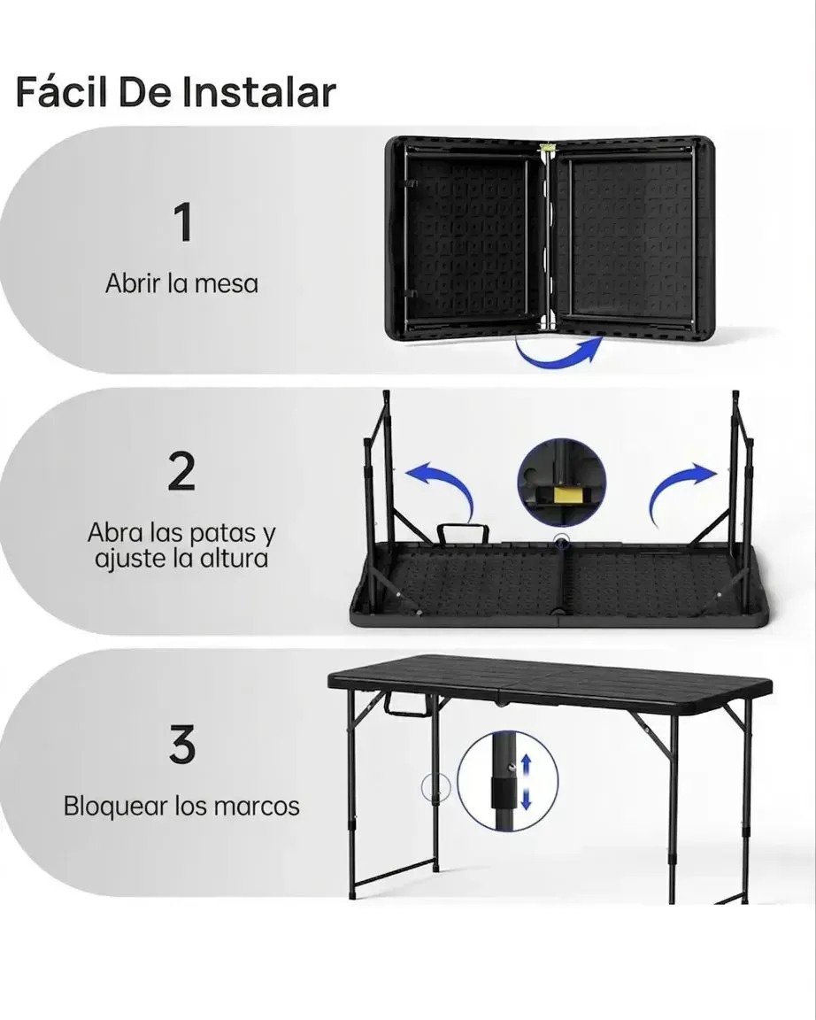 Mesa Plegable 120 Cm Plástica Ajustable 4 Alturas Negra - Imagen 5