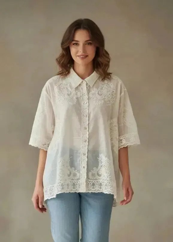 Camisa Blusa Bordada Estilo Broderie Manga 3/4 Mujer