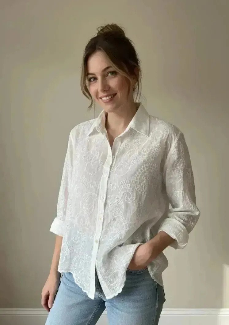 Camisa Blusa Estilo Broderie De Mujer Delicada