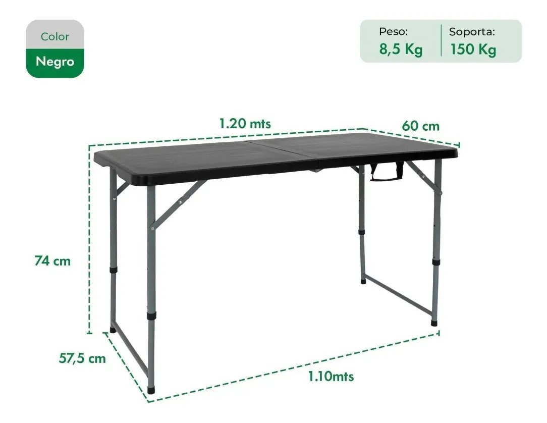 Mesa Plegable 120 Cm Plástica Ajustable 4 Alturas Negra - Imagen 6