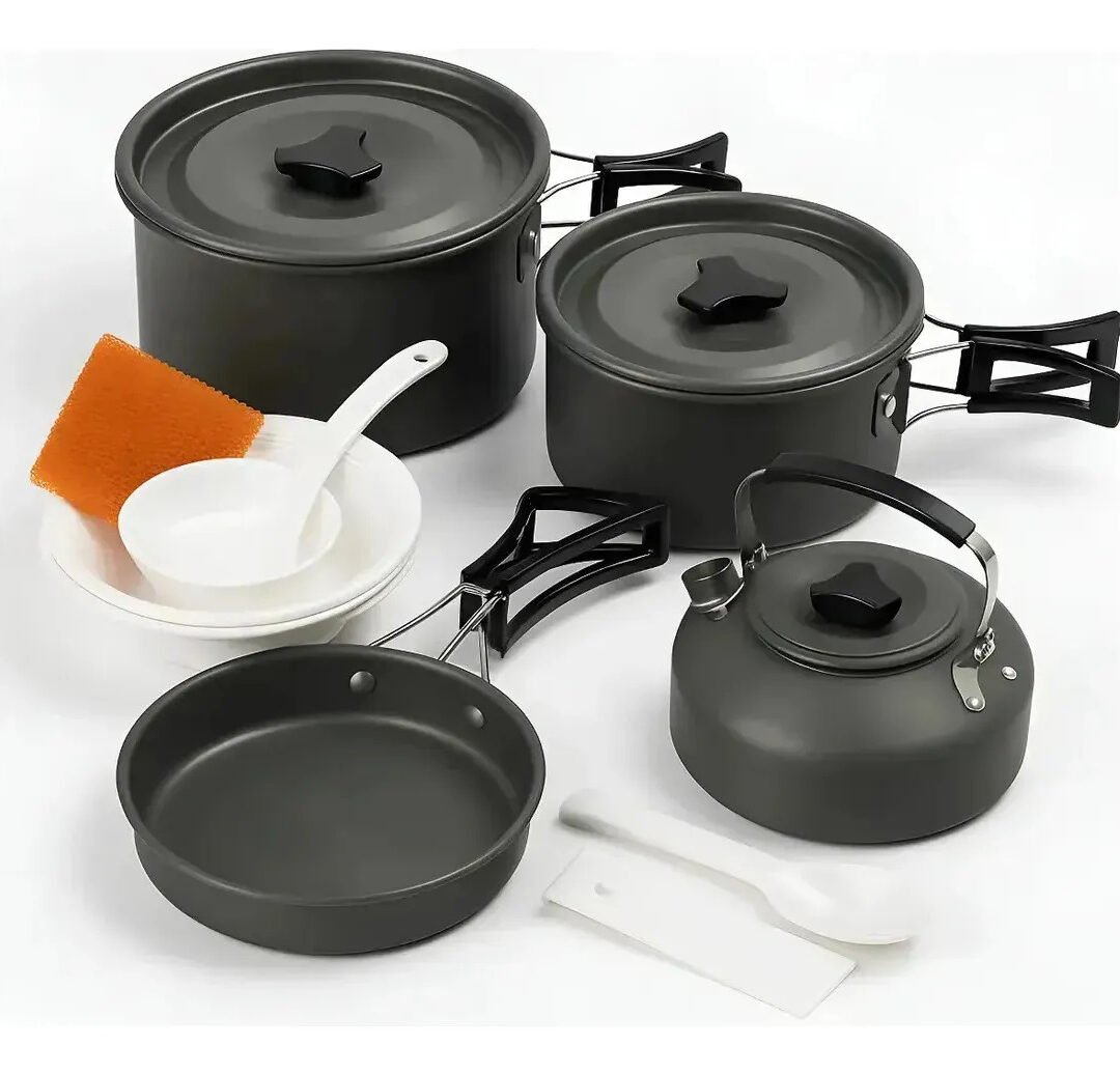 Juego Ollas Camping Plegable 3 En 1 Tetera Platos