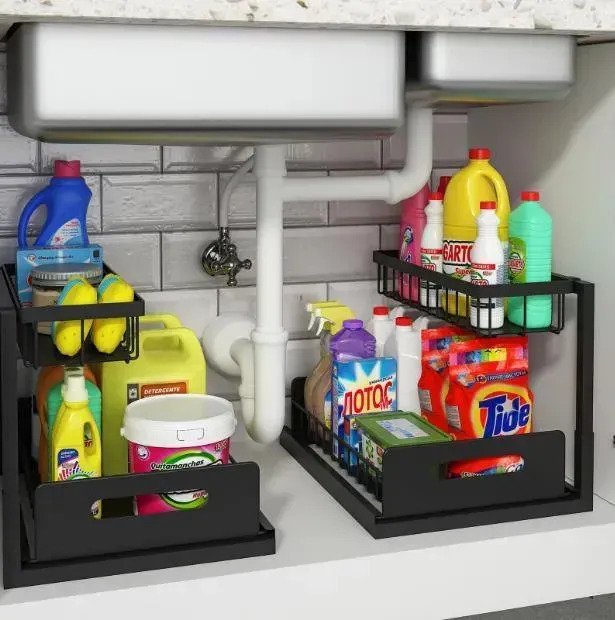 Organizador Alacena Bajo Mesada Extraible 2 Niveles Acero - Imagen 4