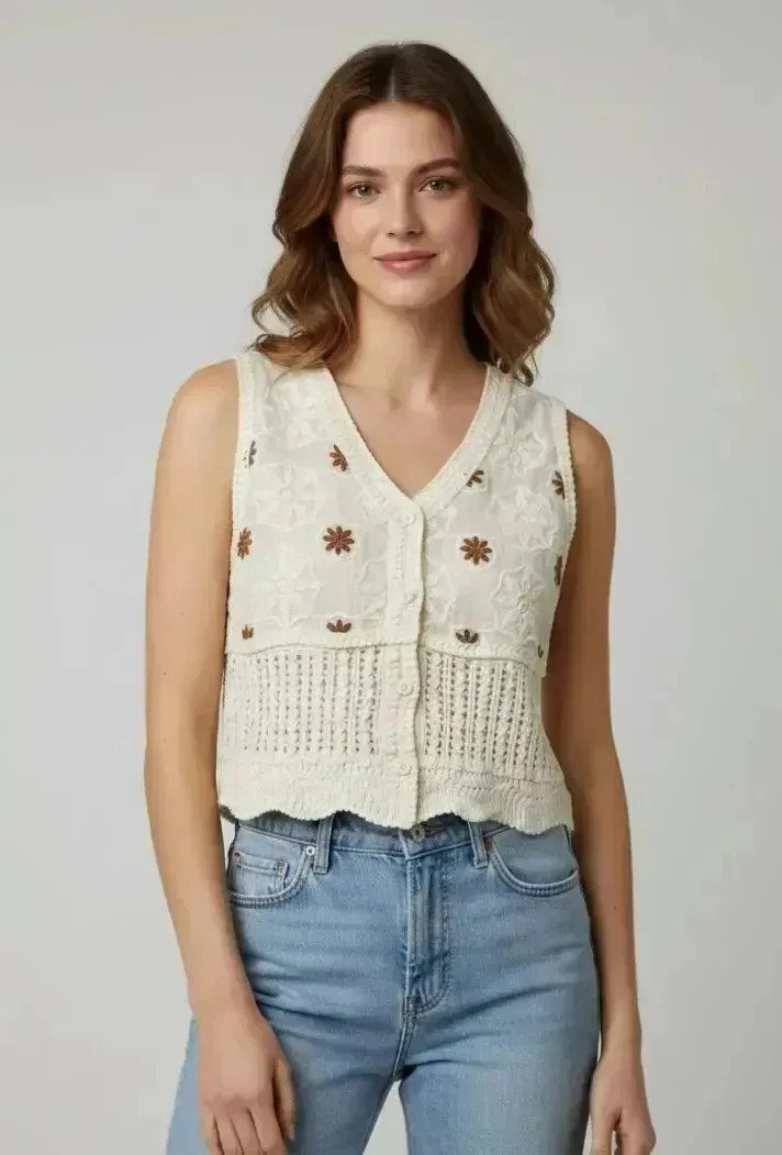 Musculosa Tejida Con Bordado Diseño Floral Premium De Mujer