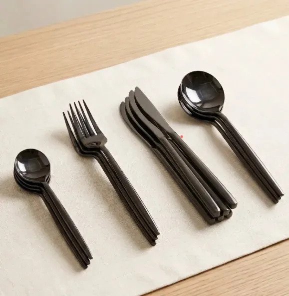 Juego 16 Cubiertos Negro Brillante Acero Inoxidable Premium