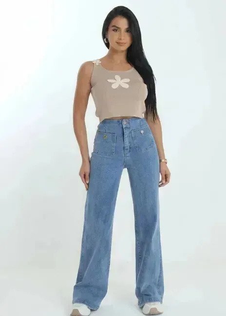Jean Mujer Denim Elastizado Wide Leg Bolsillos Premium