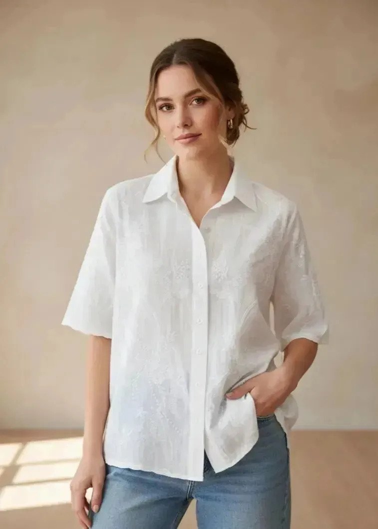 Camisa Blusa Tipo Broderie Delicada Para Mujer
